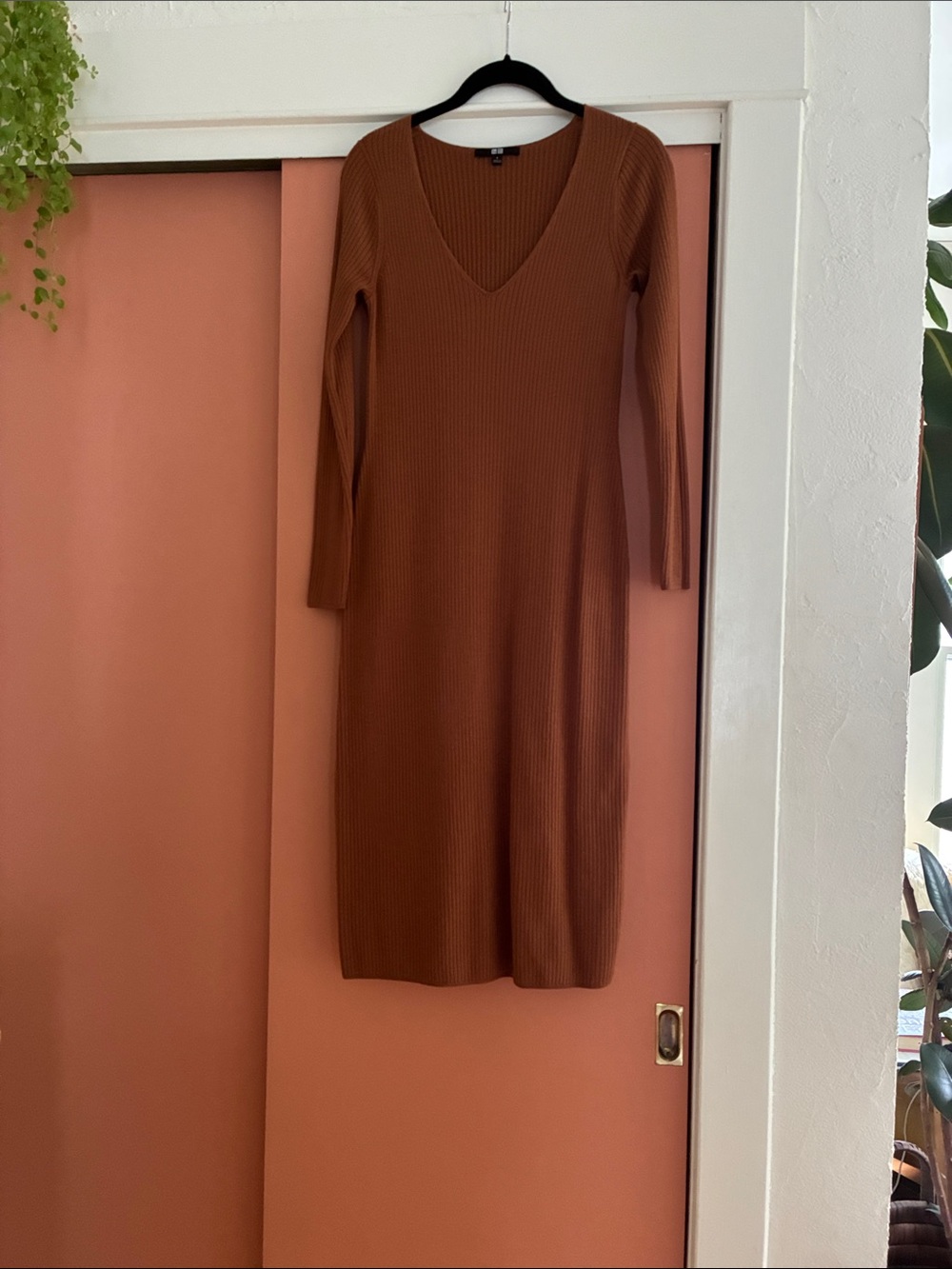 Ribbed V-Neck Long Sleeve Dress